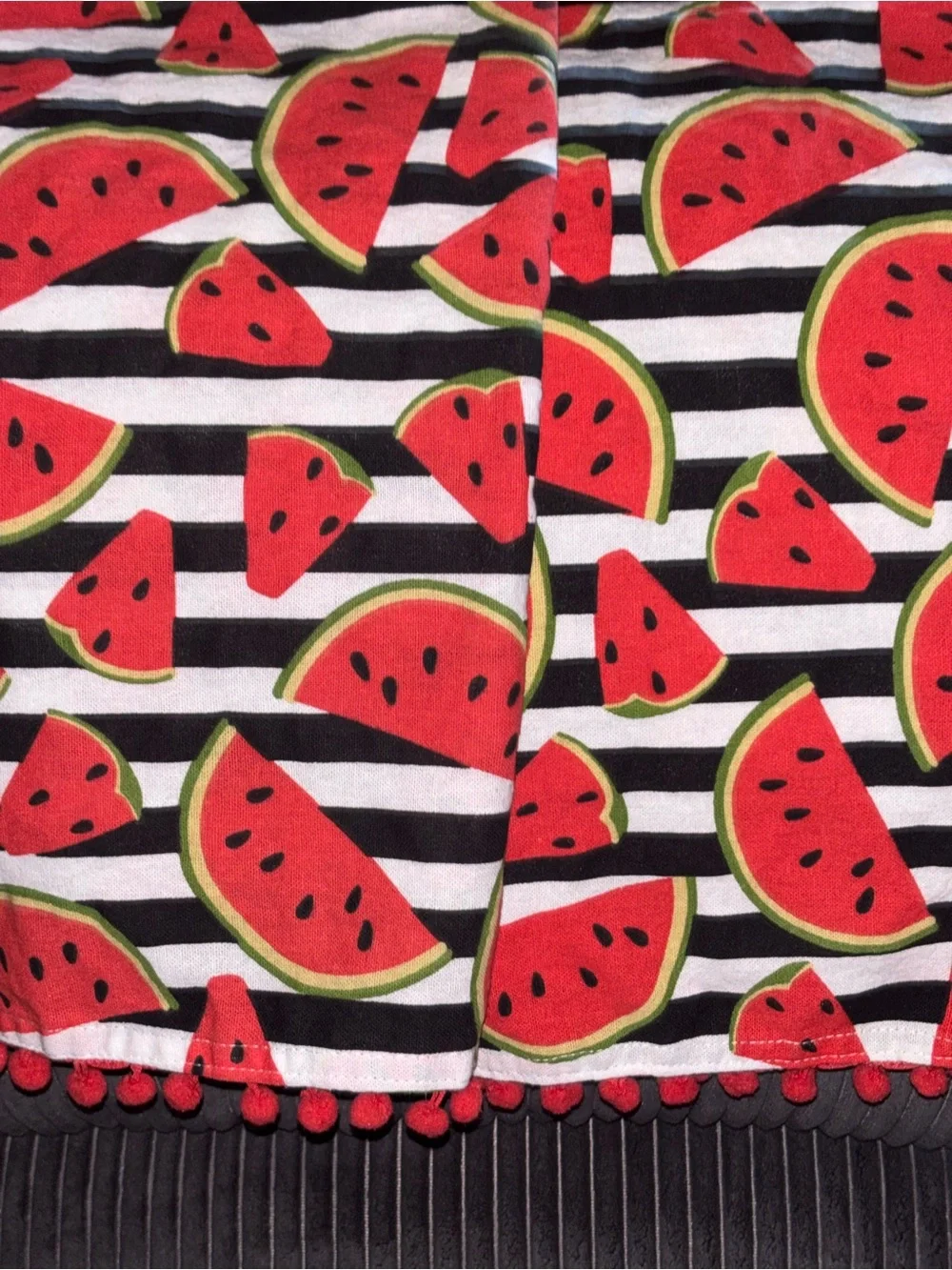 Black & White Striped Watermelon Print Kitchen Towels with Red Pom Trim